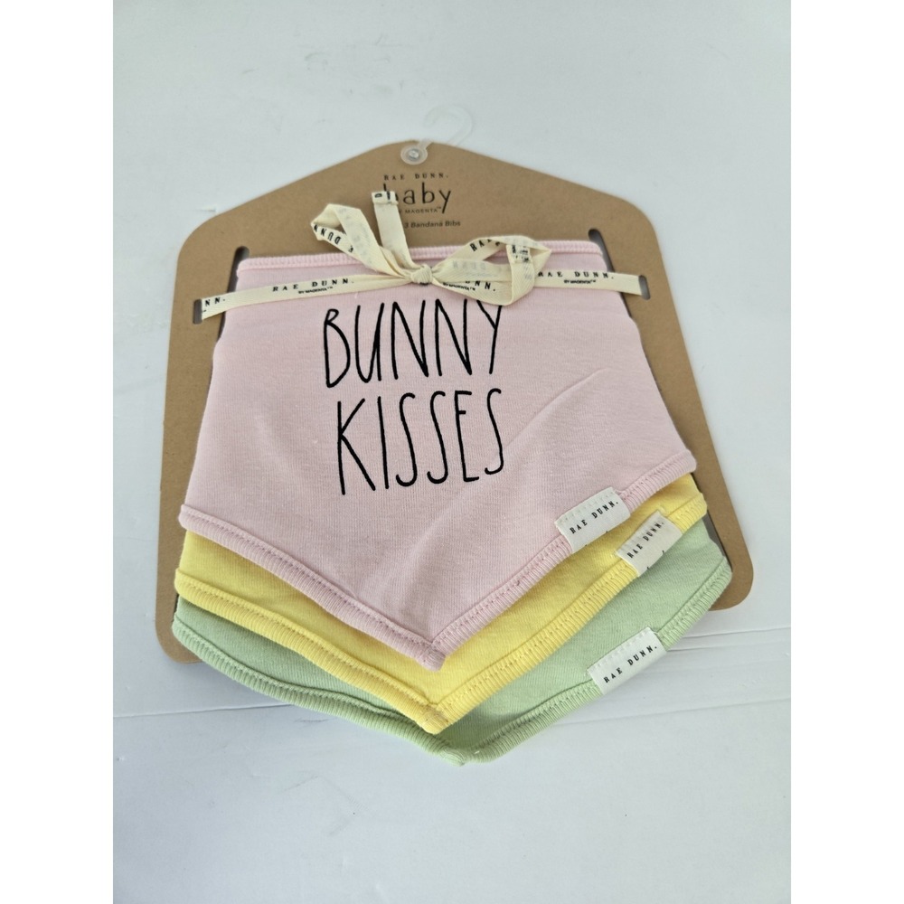 Rae Dunn  Baby Bib Set Bunny‎ Kisses NEW set of 3 Bandana Bibs pink Spring